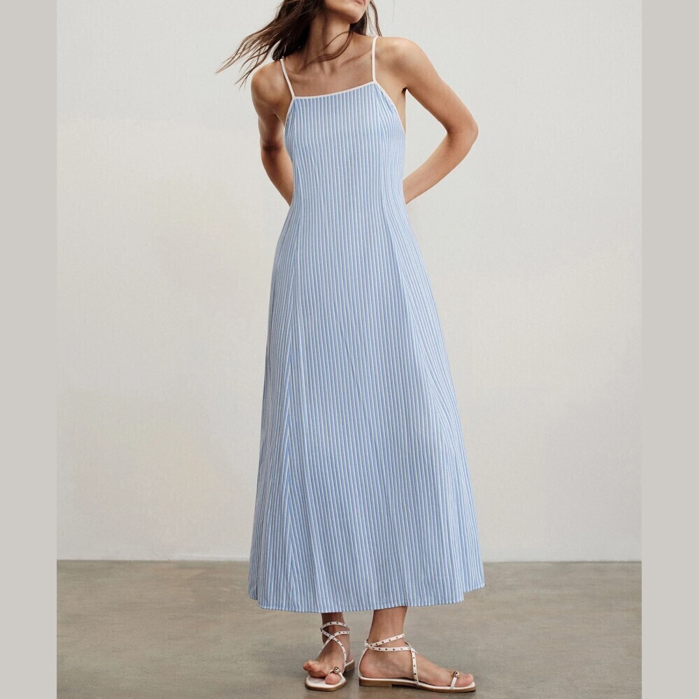 Blue Striped Spaghetti Strap Square Neck Maxi Dress